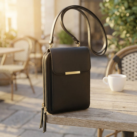 Schwarze Damen-Crossbody-Handybrieftasche mit goldfarbener Spange und zwei Reißverschlüssen