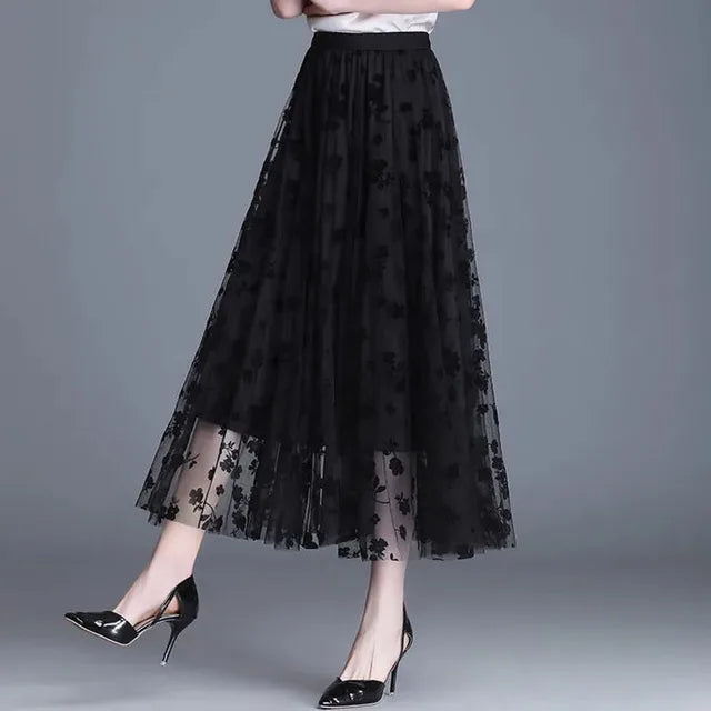 Schwarzer Damen-Mesh-Midi-Rock, elegant, florales Muster, modisch, ideal für Casual-Outfits.