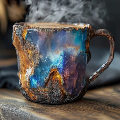 Handgefertigte Tasse aus Mineralkristall mit blau-violetter und orangefarbener Glasur, schimmernd