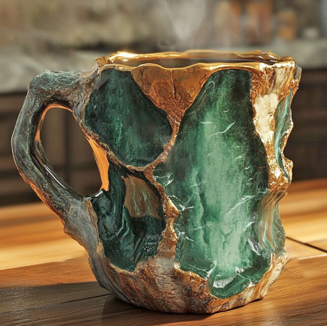 Handgefertigte Tasse aus Mineralkristall mit grünen Steinflächen und goldfarbenen Adern