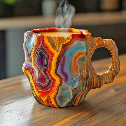 Handgefertigte Tasse aus Mineralkristall mit bunten Achatmustern in Orange, Rot, Violett und Türkis