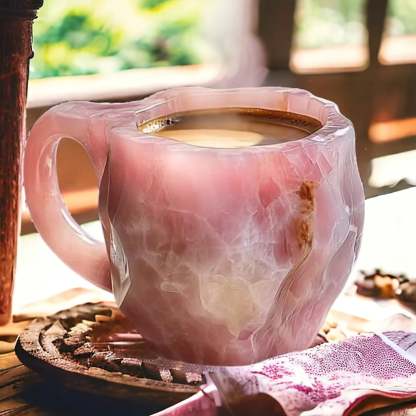 Handgefertigte Tasse aus Mineralkristall in Rosa mit durchscheinender Quarzoptik und Kaffee