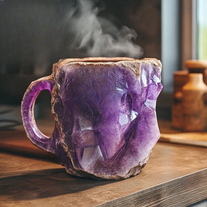 Handgefertigte Tasse aus Mineralkristall in Violett mit kristalliner Amethystoptik und rauem Rand