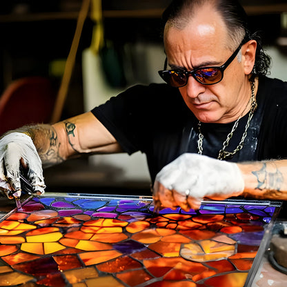 Handwerker mit weißen Handschuhen setzt bunte Glasstücke zu einem Mosaik zusammen und zeigt so die Herstellung 5