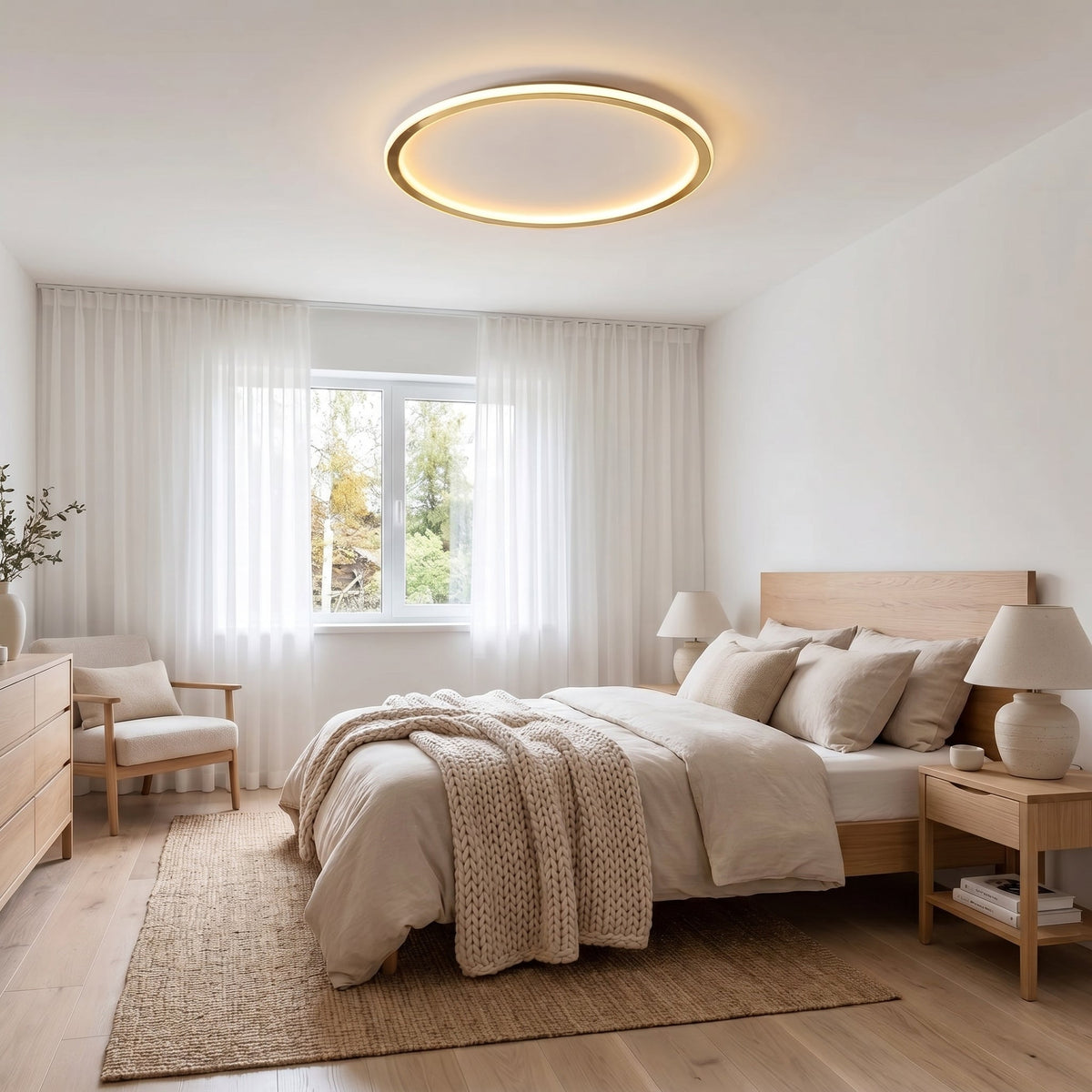 Goldfarbene Ringleuchte an der Decke eines hellen Schlafzimmers mit Holzbett, Nachttischen und Strickdecke 5