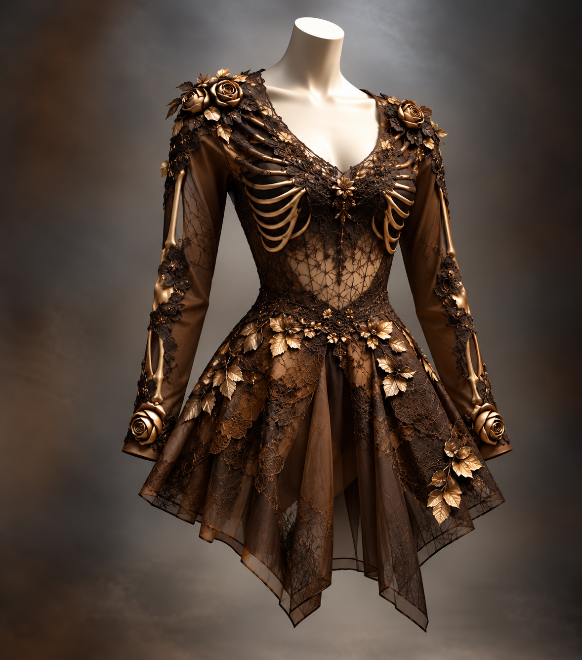 Braunes Minikleid mit goldenen Rippen, Rosen, Blättern und feiner Spitze.