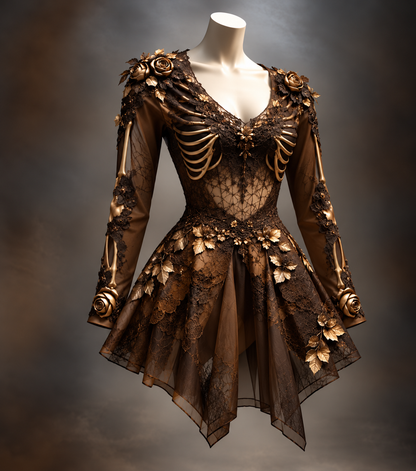 Braunes Minikleid mit goldenen Rippen, Rosen, Blättern und feiner Spitze.