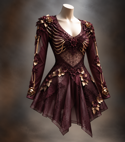 Bordeauxrotes Minikleid mit goldenen Knochenmotiven, Rosen und transparentem Zipfelrock.