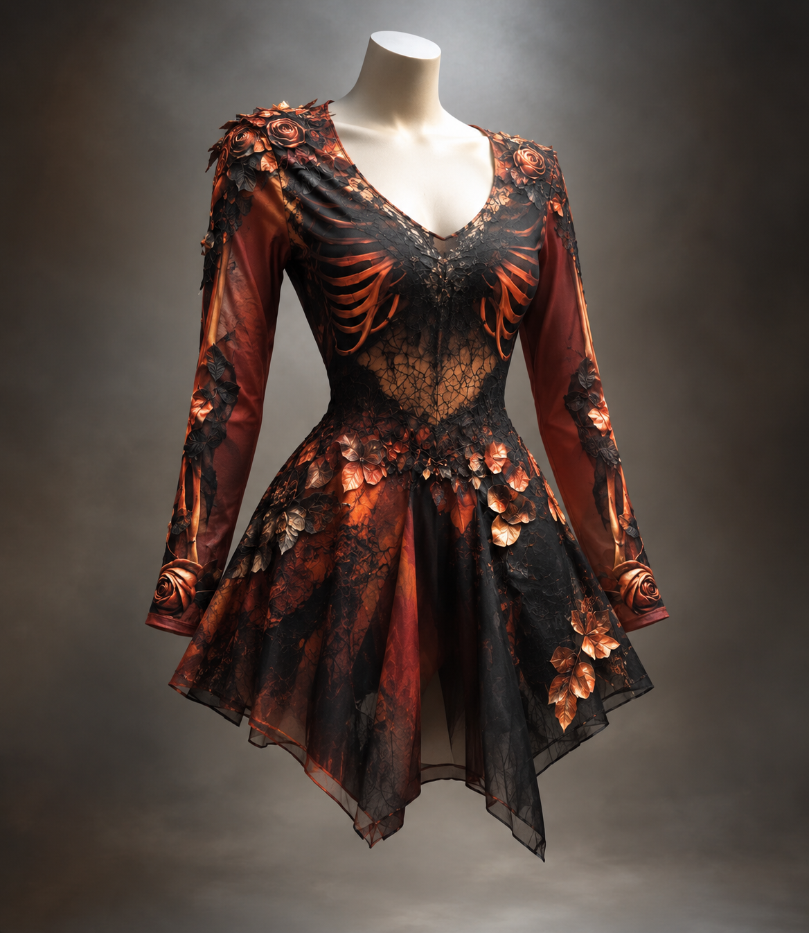 Rot-schwarzes Kleid mit kupferfarbenen Rippen, Rosen, Blättern und asymmetrischem, transparentem Rock.