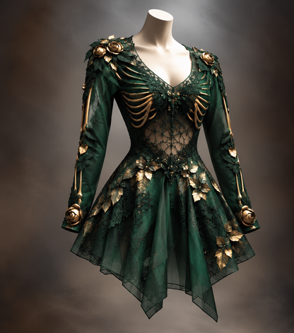 Dunkelgrünes Minikleid mit goldenen Rippenmotiven, Blättern, Rosen und Tüllrock mit Zipfelsaum.