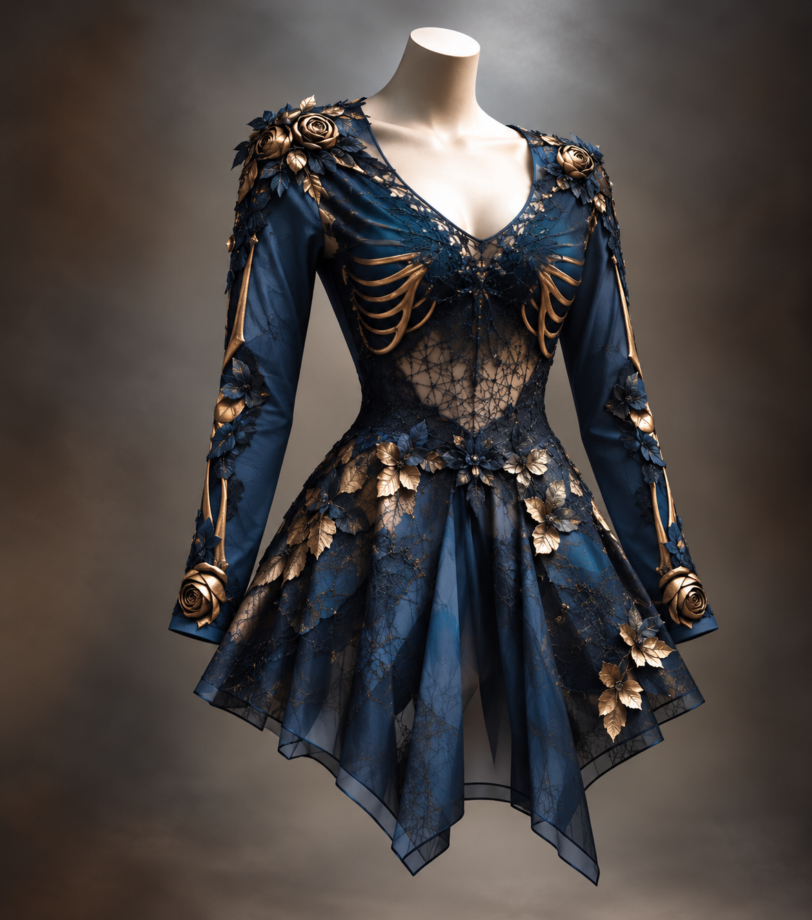 Marineblaues Langarmkleid mit goldenen Knochen- und Rosendetails, Spitzeneinsatz und Zipfelrock.