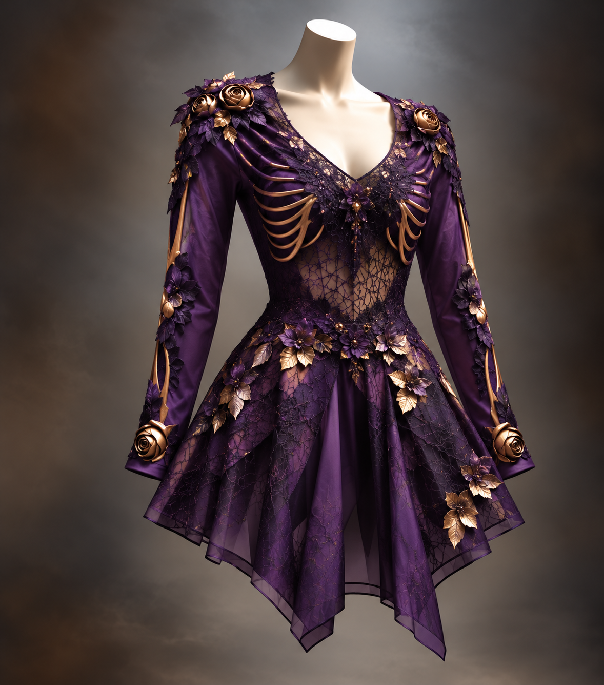 Violettes Minikleid mit goldenen Rippen- und Armknochen-Motiven, Rosen, Blüten und leichtem Zipfelrock.