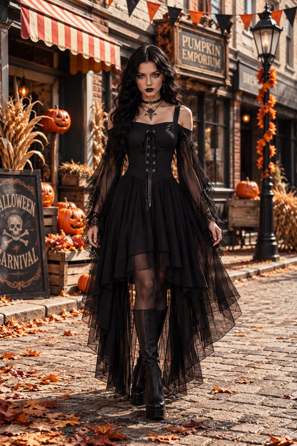 Model im schwarzen Schnürkleid mit Spitzenärmeln auf herbstlicher Kopfsteinpflasterstraße mit Kürbissen und Halloween-Deko 1