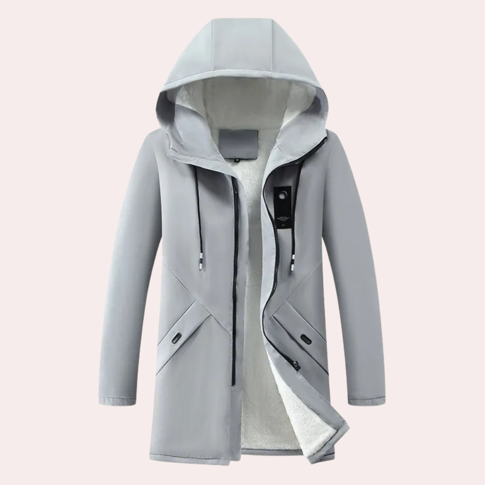 Grauer Damenmantel mit Kapuze, Fleece-Innenfutter, Reißverschluss, Winterjacke, modisch.
