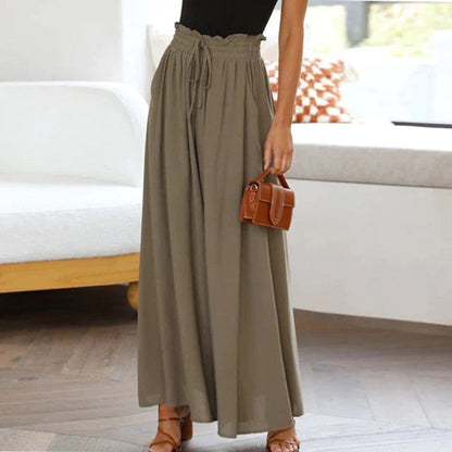 Damenhose, weit geschnitten, olivgrün, mit Kordelzug, elegant, aus leichtem Stoff.