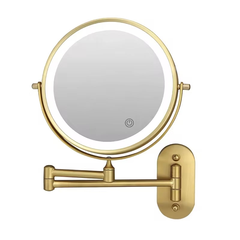 Goldener, runder Wandspiegel mit LED-Beleuchtung, schwenkbar, für Badezimmer.