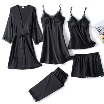 Satin-Schlafset Damen 5-teilig mit Spitze – Amara