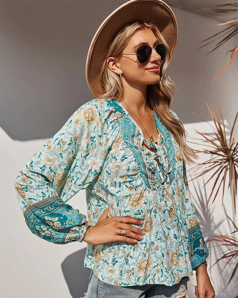 Vintage Boho Herbstbluse mit Blumenprint und langen Ärmeln – Sana