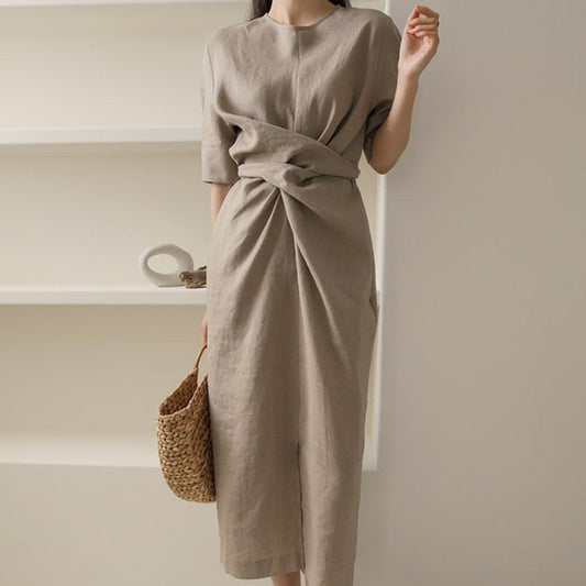 Leichtgewicht Khaki Herbstkleid mit verstellbarem Bund – Isalie