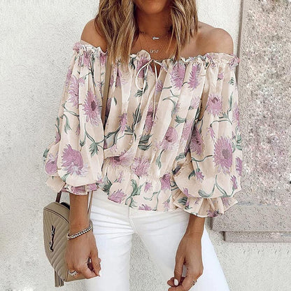 Geblümte Damen Chiffon-Bluse mit Rüschenärmeln – Herbstzauber Elvira