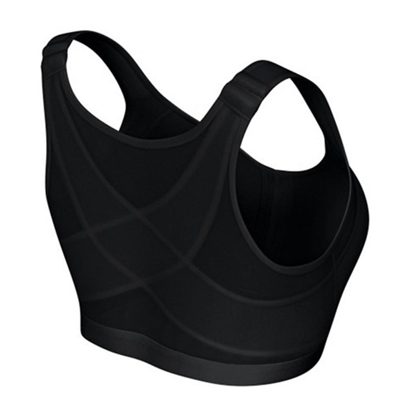 Schwarzer Sport-BH für Damen, nahtlos, atmungsaktiv, Fitness, Rückenansicht.