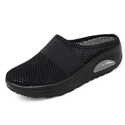 Schwarzer Mesh-Damenschuh, atmungsaktiv, rutschfest, bequem, für Alltag und Freizeit.
