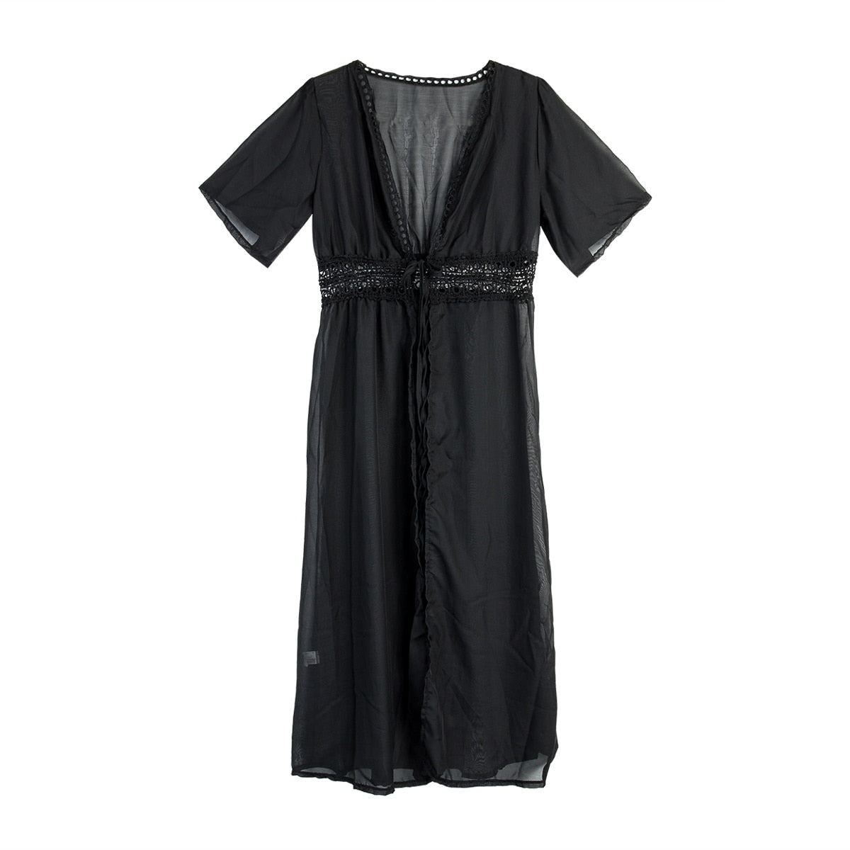 Lange Strandkleid mit Spitzenakzenten und Schleifenverschluss – Elara