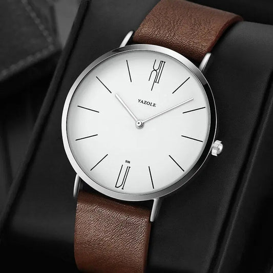 Braune Yazole Armbanduhr mit weißem Zifferblatt, minimalistisches Design, Herrenuhr.