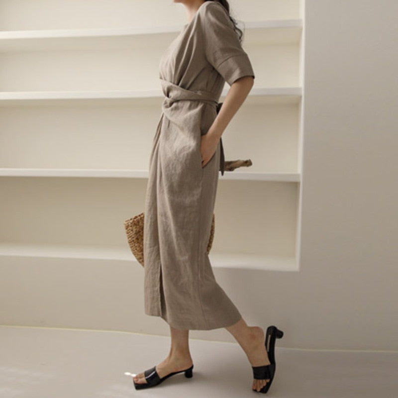 Leichtgewicht Khaki Herbstkleid mit verstellbarem Bund – Isalie