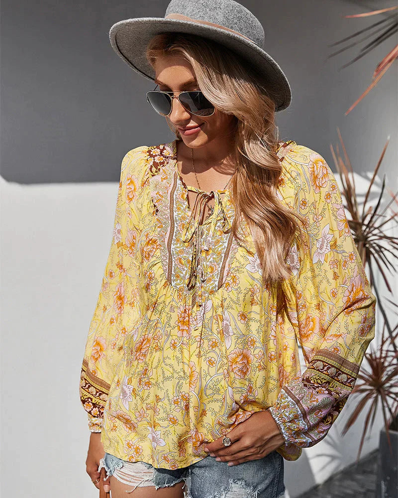 Vintage Boho Herbstbluse mit Blumenprint und langen Ärmeln – Sana