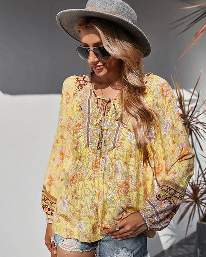 Vintage Boho Herbstbluse mit Blumenprint und langen Ärmeln – Sana