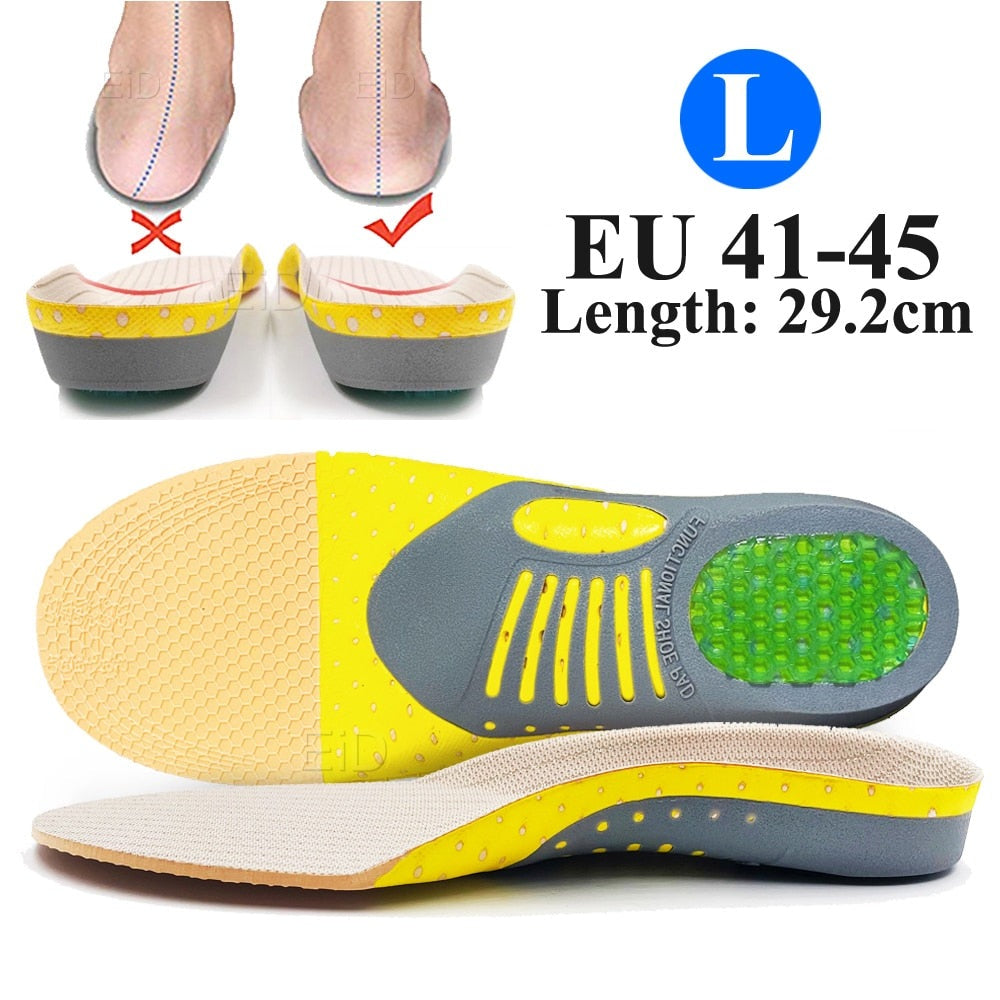 Gel-Einlegesohlen, gelb-grau, Größe EU 41-45, Fußunterstützung, stoßdämpfend, 29,2 cm Länge.