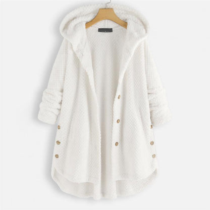 Weiße Damen-Fleecejacke mit Kapuze, Knöpfen, warm, gemütlich, Wintermode.