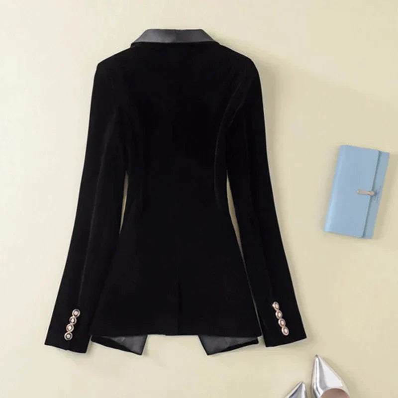 Damen Samt Blazer Schwarz, Langarm, Designer Mode 2024, Elegante Jacke, Hochwertig