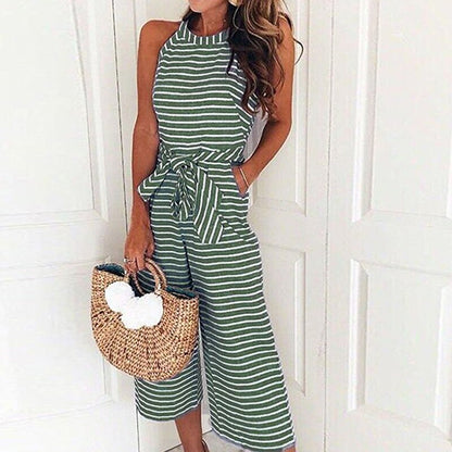 Gestreifter Sommer-Jumpsuit für Damen mit weitem Bein und V-Ausschnitt – Alina