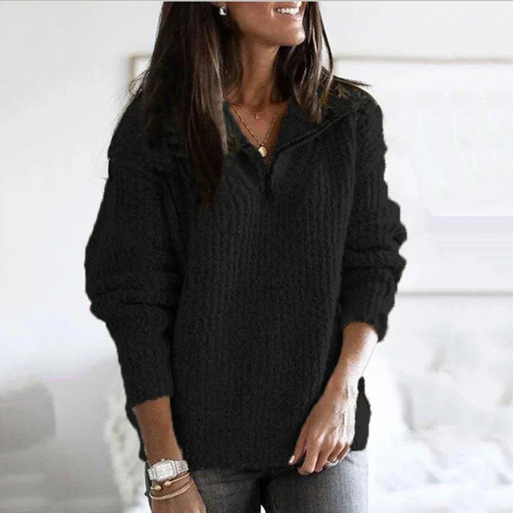 Herbstlicher strukturierter Damen Halbzip-Pullover mit langen Ärmeln – Noelle