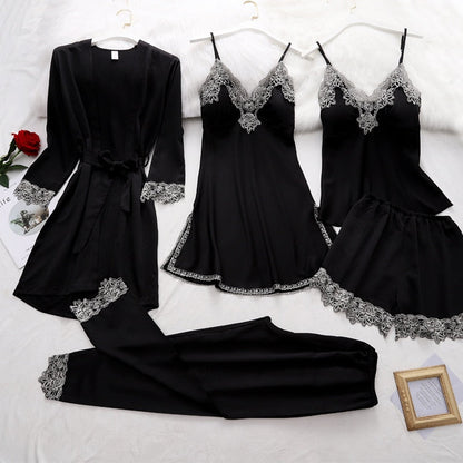 Satin-Schlafset Damen 5-teilig mit Spitze – Amara