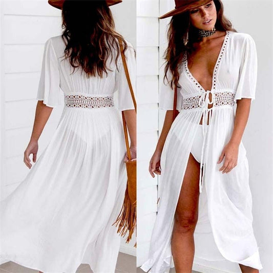 Lange Strandkleid mit Spitzenakzenten und Schleifenverschluss – Elara