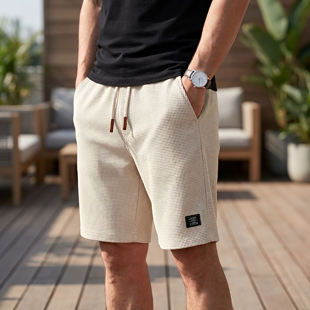 Model in hellbeigen Shorts mit Waffelstruktur und Kordelzug, Hand in der Seitentasche, auf einer Holzterrasse mit Sitzmöbeln. 8