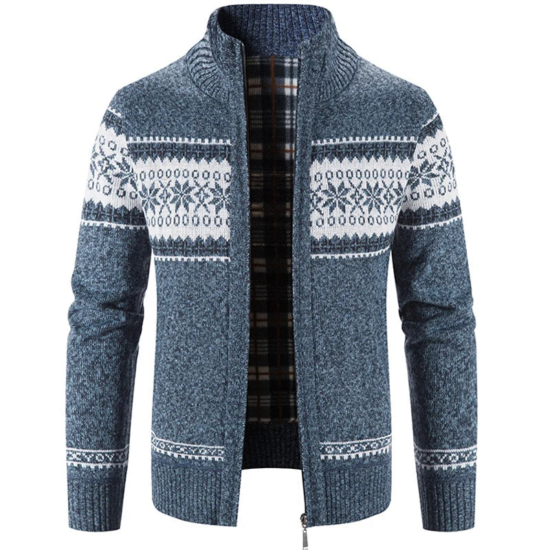 Grauer Herren-Strickjacke mit Reißverschluss, Wintermode, skandinavisches Muster, warm.