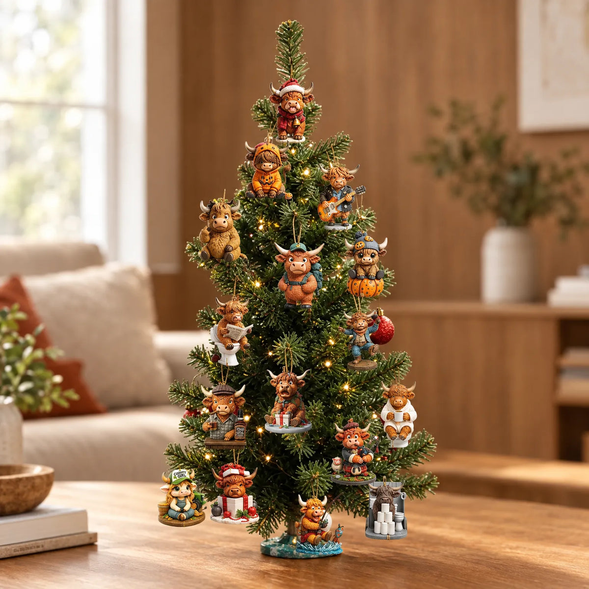 Beleuchteter Tannenbaum auf einem Holztisch, behängt mit vielen kleinen Highland-Rind-Figuren in verschiedenen Kostümen, im Wohnzimmer aufgenommen. 1