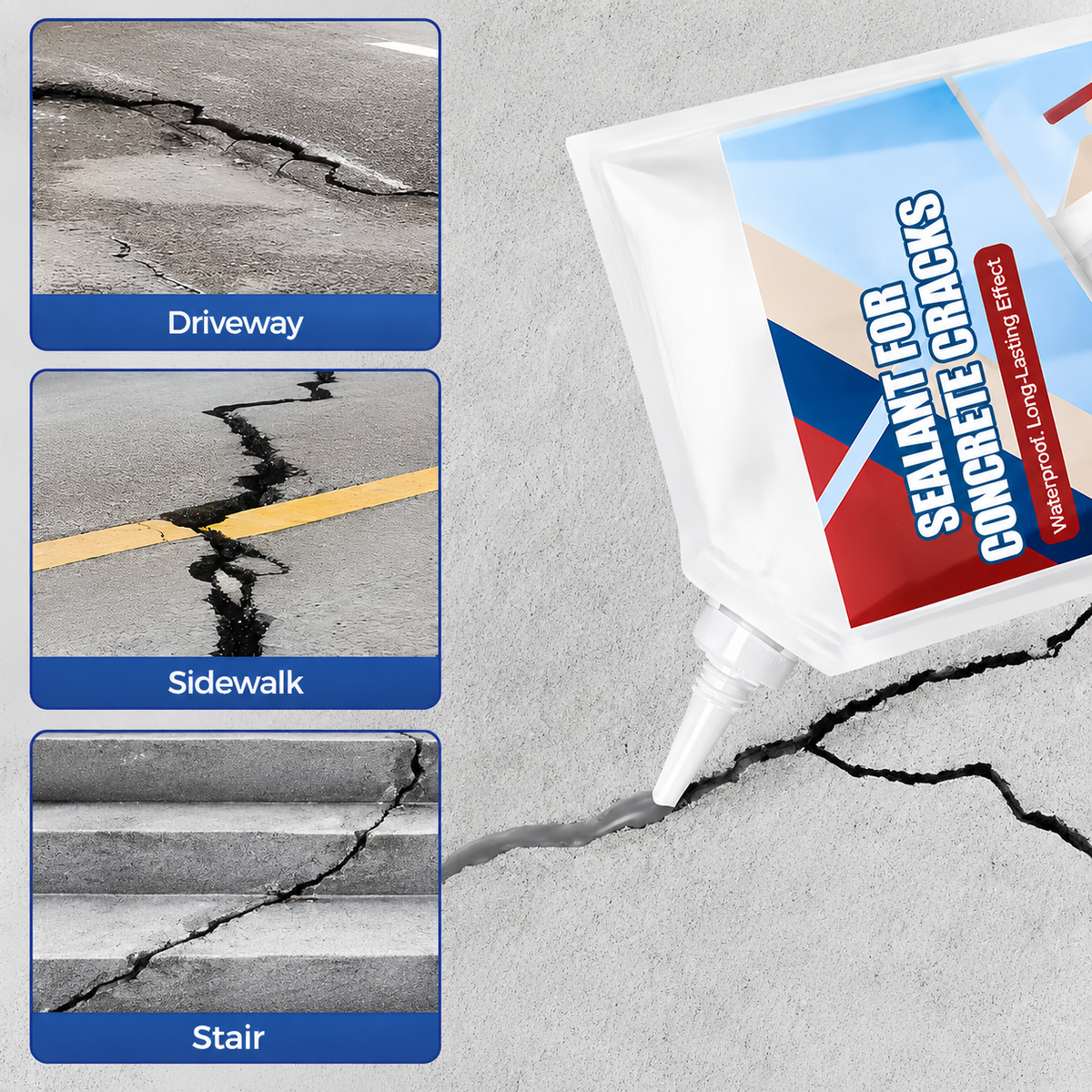 Beutel zum Abdichten eines Risses in Beton mit Beispielen für Einfahrt, Gehweg und Treppenstufen
