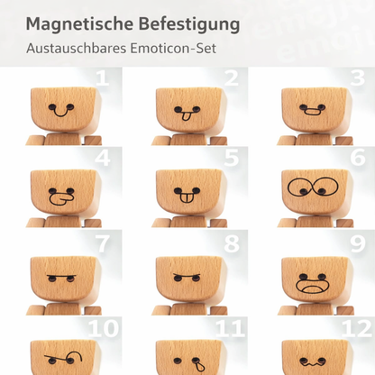 Übersicht der zwölf austauschbaren Gesichter der Holzfigur mit unterschiedlichen Ausdrücken.