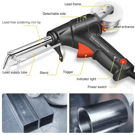 Laser-Schweiß- und Schneidwerkzeug als detail mit beschrifteten Bauteilen und bearbeiteten Metallteilen.