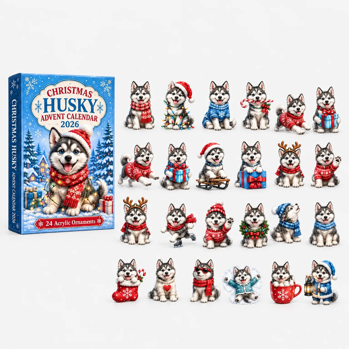 Blaue Verpackung in der Seitenansicht neben 24 ausgebreiteten Acryl-Husky-Welpen in Schals, Pullovern und mit Geschenken. 2