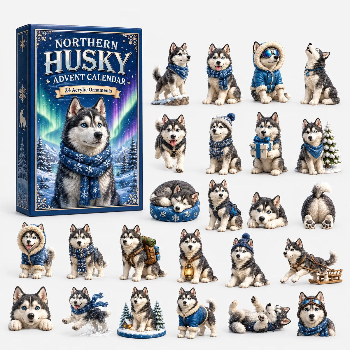 Dunkelblaue Packung mit Nordlicht-Motiv, davor 24 detailreiche Husky-Figuren mit blauen Schals, Kapuzen, Rucksack und Schlitten. 3