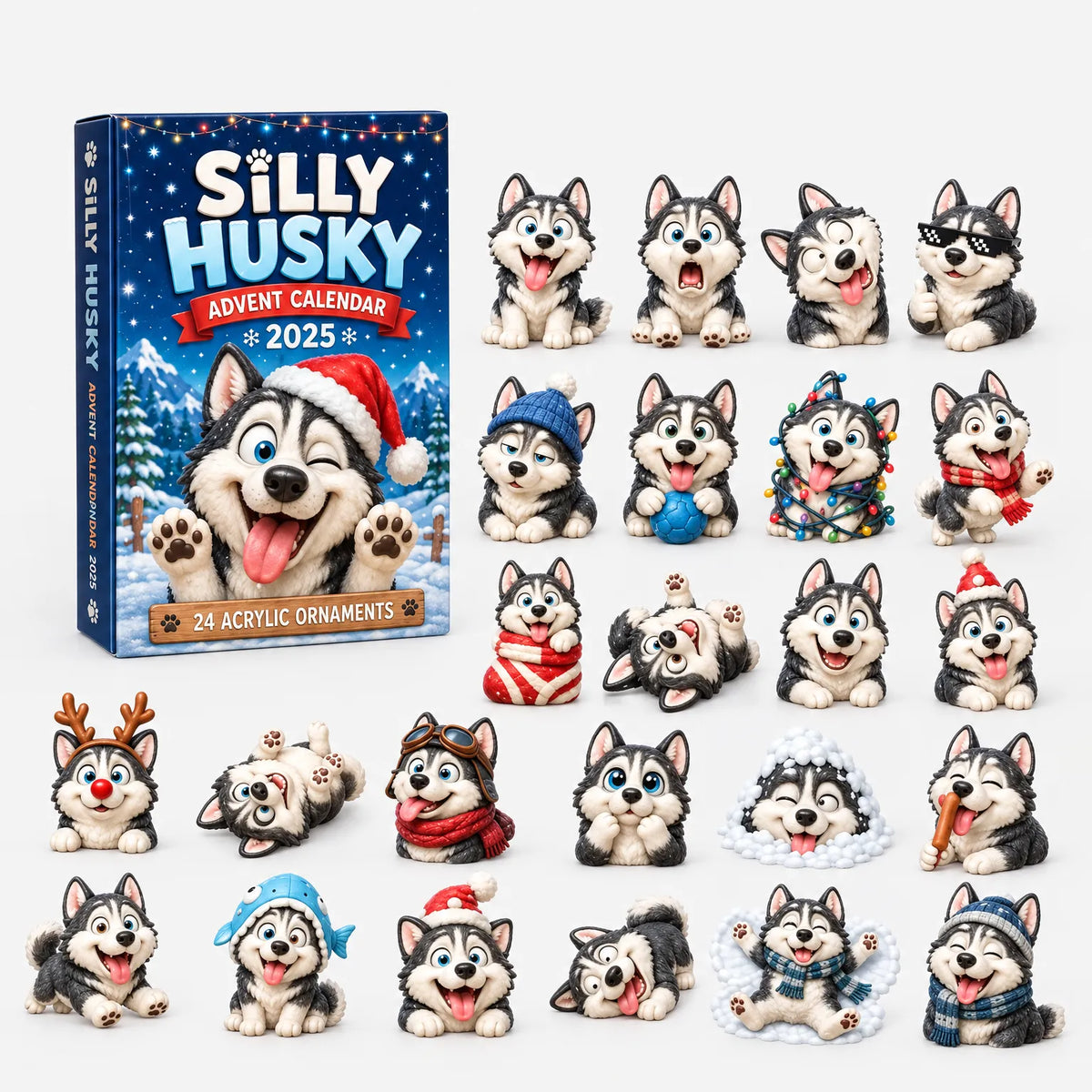 Packung mit lustigem Husky-Motiv und Weihnachtsmütze, davor 24 verspielte Acryl-Huskys mit herausgestreckter Zunge in verschiedenen Posen. 5