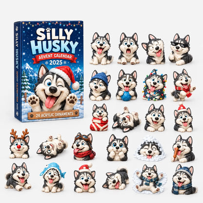 Packung mit lustigem Husky-Motiv und Weihnachtsmütze, davor 24 verspielte Acryl-Huskys mit herausgestreckter Zunge in verschiedenen Posen. 5