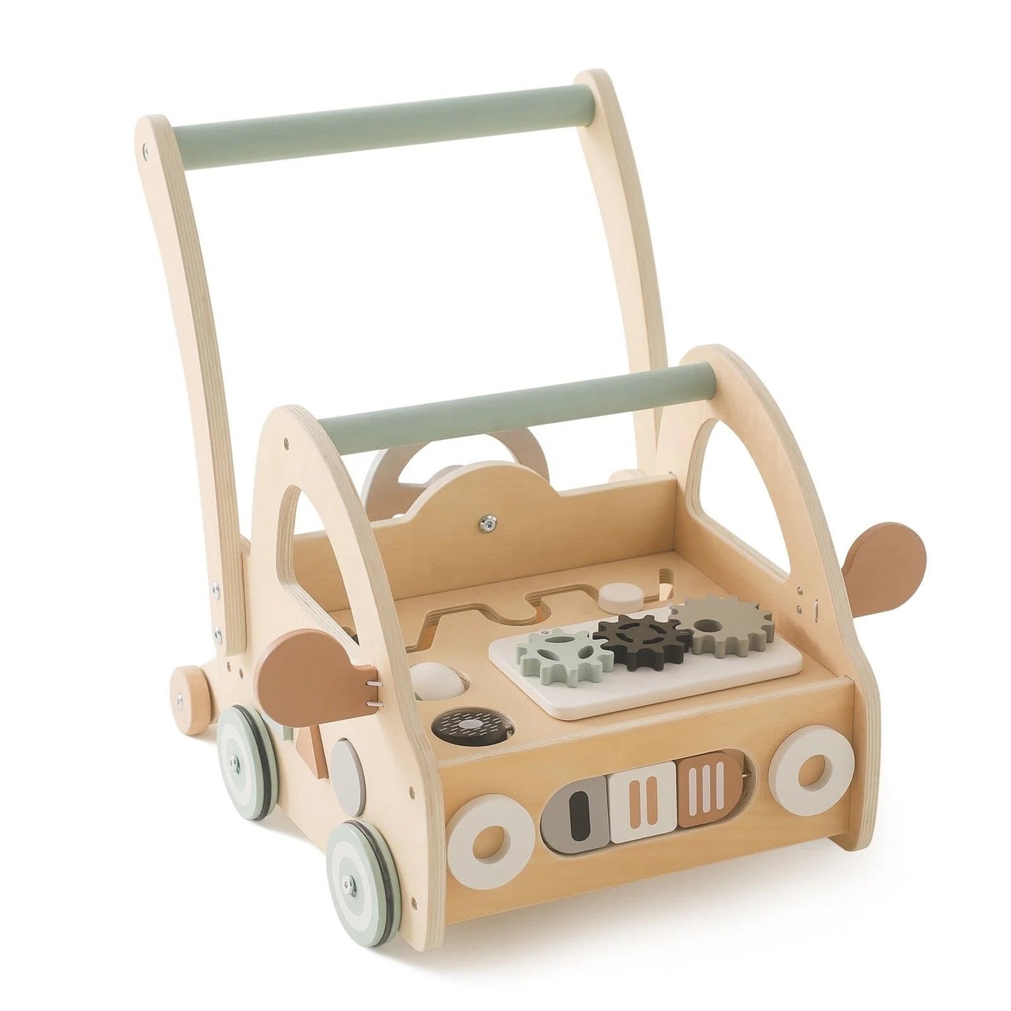 Lauflernwagen aus Holz mit Montessori-Spielteilen und Spiegeln