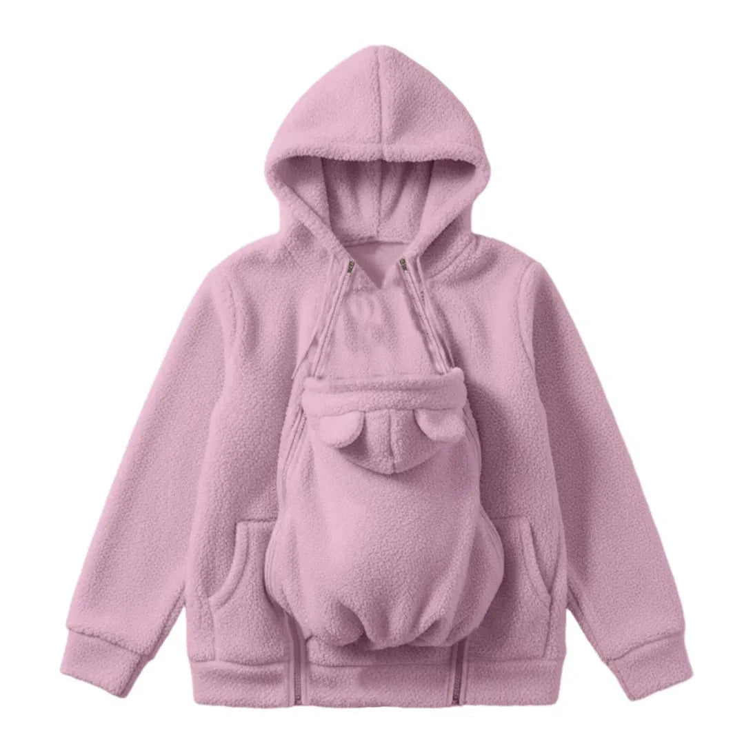 Rosa Fleece-Kapuzenpullover von vorn mit geöffnetem Reißverschluss-Einsatz und kleiner Kapuze mit Bärenohren.
